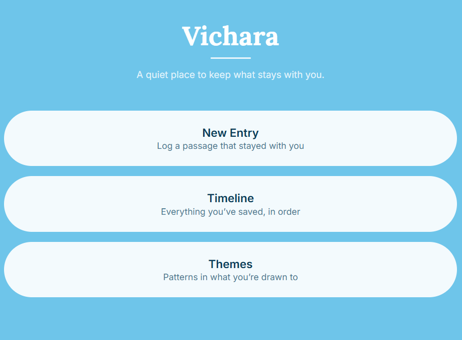 Vichara app home screen showing New Entry, Timeline, and Themes